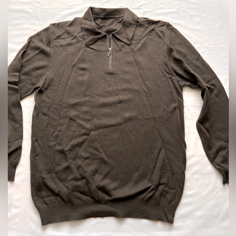 Cerruti 1881 Wool Cashmere polo Sweater Brown quarter Zip Leather logo Size 54
